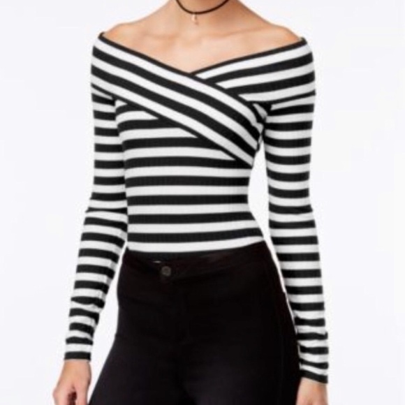 MATERIAL GIRL Bodysuit Black Off Shoulder Portrait Neckline Ribbed Stretch M NWT - Picture 3 of 12